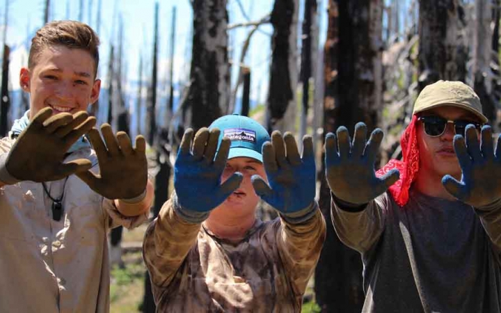 Three people show the camera their gloved hands as they stand in a wooded area during a service project